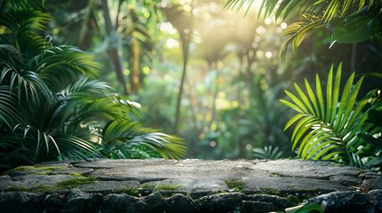 Aufkleber - Stone table top in jungle forest with blur palm tree Natural tropical scene for organic product placement podium background : Generative AI