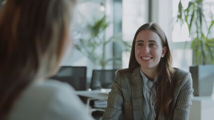 A businesswoman in a meeting smiles warmly at a colleague, set in a modern, naturally lit office space with greenery in the background.