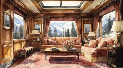 Wall Mural - Watercolor illustration of a cozy living room with a mountain view.