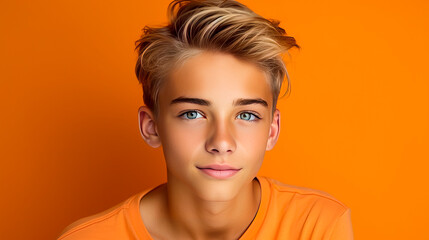 Portrait of a happy serious, gloomy, not cheerful confident teenage guy with perfect skin, orange background, banner.