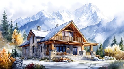 Canvas Print - Watercolor Painting of a Cozy Cabin in the Mountains.