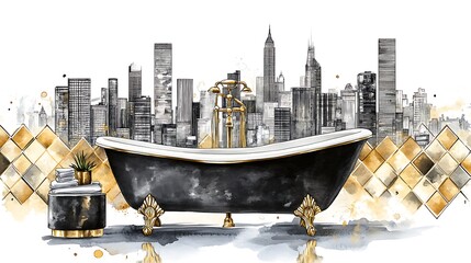 Sticker - Watercolor illustration of a bathtub with gold accents against the backdrop of a city skyline.