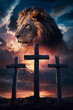 © ana - Majestic Lion of Judah Above Golgotha’s Three Wooden Crosses. Jesus Christ, Son of God, in Cinematic Sky, Representing Crucifixion, Resurrection, and Salvation in an Uplifting Artistic Vision.