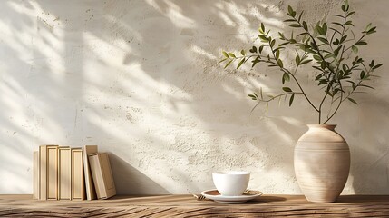 Canvas Print - Neutral Mediterranean home design Textured vase with olive tree branches cup of coffee Books on wooden table Living room still life Empty wall copy space Modern interior no people Late : Generative AI