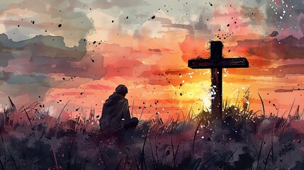 Wall Mural - A person solemnly kneels by a cross against a backdrop of a vibrant sky filled with splashes of color, creating a dramatic scene of contemplation and solitude.