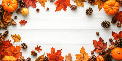 Wall Mural - Pumpkins and colorful maple leaves are framing a white wood plank background, creating a perfect space for your message. Thanksgiving day. Harvest. Flat lay, top view. Copy space. Mock up