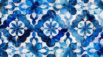 Poster - Seamless Algerian pattern Square vintage tile Blue and white watercolor ornament painted with paint on paper Handmade Print for textiles Seth grunge texture : Generative AI