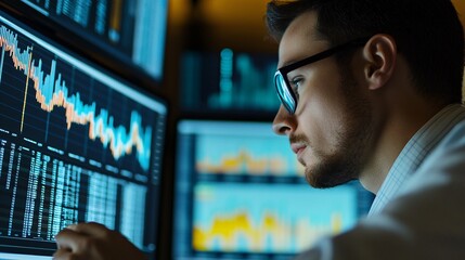 Wall Mural - a focused financial analyst analyzing data on a computer screen with spreadsheets and financial repo