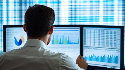 Wall Mural - a focused financial analyst analyzing data on a computer screen with spreadsheets and financial repo