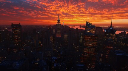 Wall Mural - A panoramic view of NYC at sunset, with a glowing sky, silhouetted skyscrapers, and city lights beginning to twinkle.