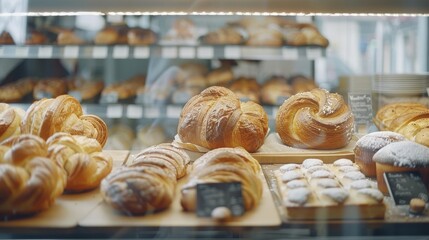 Wall Mural - A bakery display filled with a variety of fresh, golden-brown pastries and breads, inviting customers with their delicious, artisanal appearance.