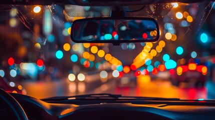 Wall Mural - A view through a city car windshield at night, capturing the vibrant blur of streetlights and the lively energy of the urban nightlife.