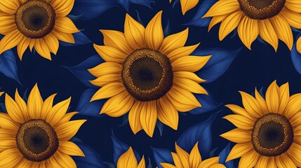 Wall Mural - Repeating pattern of sunflowers with rich yellow petals on a dark blue background