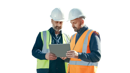 Construction worker engineer architect team at work with tablet pc isolated on transparent background. 
