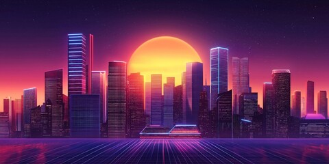 A city skyline with a large orange sun in the background. The city is lit up with neon lights, giving it a futuristic and vibrant atmosphere