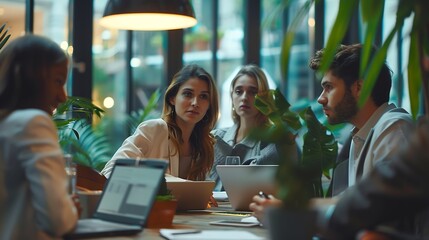 Aufkleber - Group of young business people using laptop having a meeting or presentation and seminar in the office : Generative AI