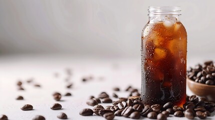 Aufkleber - Americano ice coffee and coffee bean out of bottle on white background with isolate concept : Generative AI