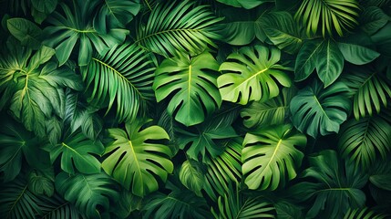  Pattern of tropical leaves with a gradient of green shades creating a lush background