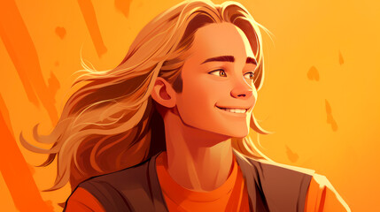 Portrait of a happy smiling blond, long haired confident teenage guy with perfect skin, orange background, banner.