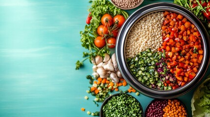 Close-up of a food batchmaker filled with colorful fresh vegetables and grains, on a soft pastel backdrop