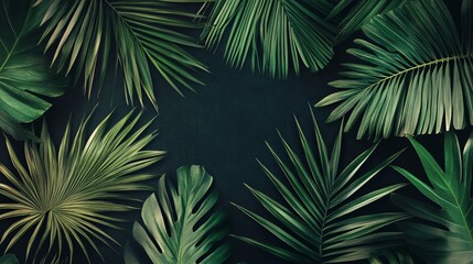 Wall Mural - Seamless pattern of palm leaves with a mix of light and dark green tones on a dark background