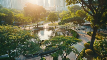 Wall Mural - A lush urban park featuring a tranquil pond, vibrant foliage, and city buildings bathed in warm sunset light.