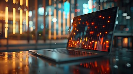 Leinwandbilder - A laptop with double exposure of financial graphs symbolizing market analysis on a blurred office background concept of business analytics : Generative AI