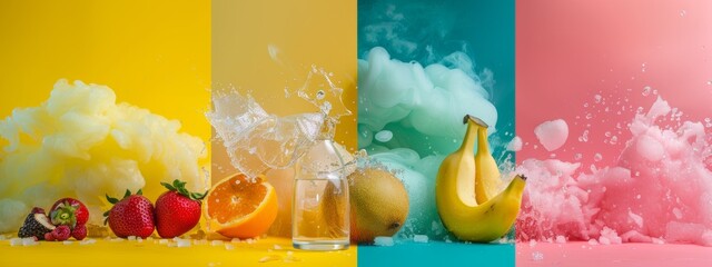 Wall Mural - Colorful fruit and juice splashes on vibrant backgrounds