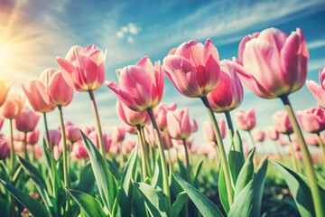 Wall Mural - Vibrant pink tulips stretch towards the sky, swaying gently in the breeze, set against a warm sunny background with a soft, blurred horizon.