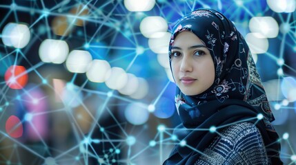 Young Woman in Hijab with Network Background