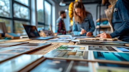 Wall Mural - Group of interior architect designer team at table choosing various mood board samples with architecture software on laptop screen Modern renovation and interior material selection con : Generative AI