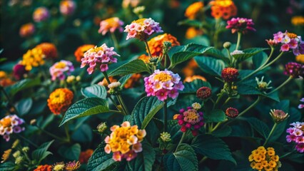 Wall Mural - Vibrant lantana flowers bloom in a stunning meadow, showcasing delicate yellow, pink, and purple petals swaying gently in the soft breeze.