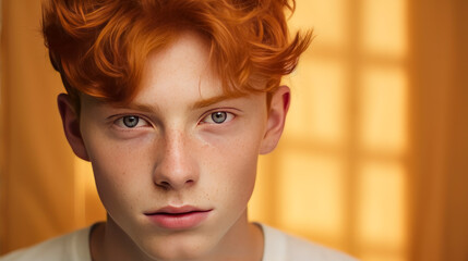 Wall Mural - Portrait of a happy serious red-haired confident teenage guy with perfect skin, gold background, banner.