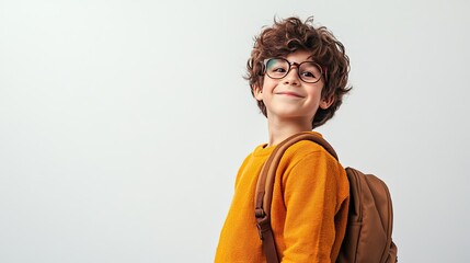 A boy with glasses and a backpack, full of joy, standing on a white background, surrounded by ample space for text