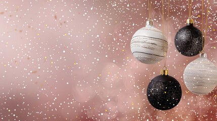 Wall Mural - Christmas card with black and white baubles on gold potash against pink backdrop Luxurious metallic design