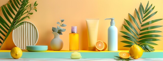 Wall Mural - Spa products with citrus and green leaves on a yellow background