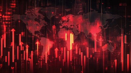 A global economic downturn visualized with falling stock bars, red arrows, and a distressed world map.