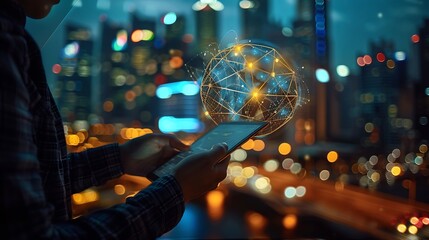Aufkleber - Digital technology internet global network technology concept Business man using digital tablet computer with global internet network connection smart city background data exchange eco : Generative AI