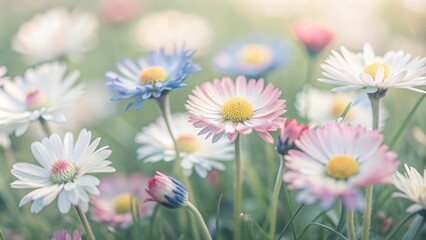 Wall Mural - Vibrant close-up of small white, pink, and blue daisy blooms swaying gently in a lush meadow on a cloudy spring or summer day with a serene background.