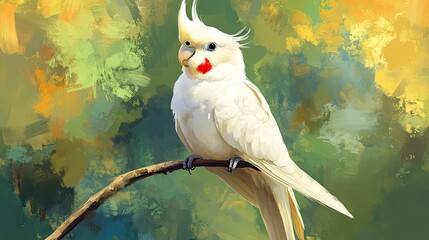 Wall Mural - A white cockatiel with red cheeks, on a green natural background, bright and peaceful