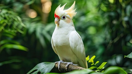 Wall Mural - A white cockatiel with red cheeks, standing out against a natural green setting