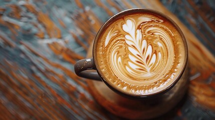 Wall Mural - Top view of hot coffee latte art on wood table : Generative AI