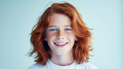 Portrait of a happy smiling red-haired, long haired confident teenage guy with perfect skin, blue background, banner.