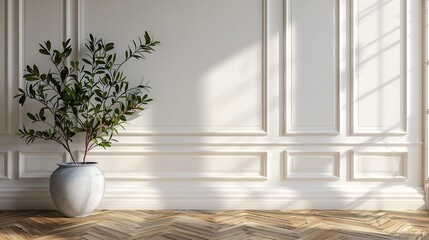 Poster - White classic wall background brown parquet floor home furniture detail frame and vase of plant : Generative AI