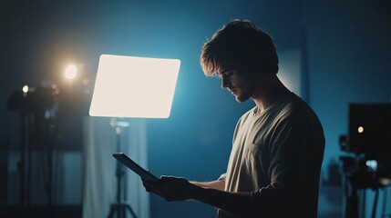 Wall Mural - a focused gaffer reviewing lighting setups on a digital tablet, surrounded by soft lighting on a min