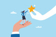 © Nuthawut - Empowerment or encouragement to help employee reach career success, woman leadership, support or help for work achievement, reward or job promotion concept, helping hand help businesswoman reach star.