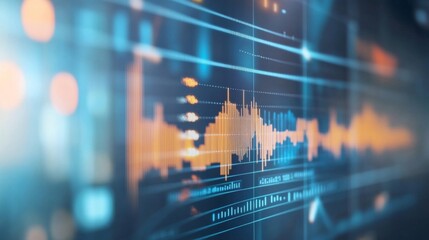 Poster - Close-up of a financial graph on a computer screen, showcasing upward and downward trends with detailed line and bar charts.