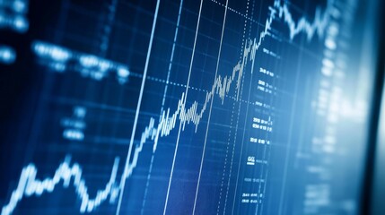 Poster - Close-up of a financial graph on a computer screen, showcasing upward and downward trends with detailed line and bar charts.