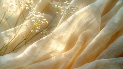 Aufkleber - Beige linen fabric texture with folds and a natural floral sunlight shadows aesthetic summer wedding bohemian background : Generative AI