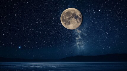 Wall Mural - starry night sky with a full moon hanging low